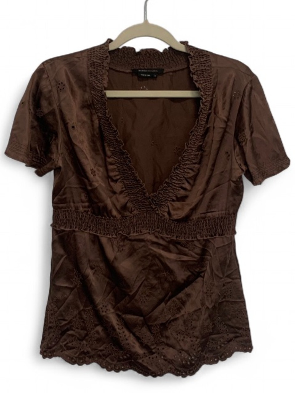 Y2K BCBGMaxAzria Brown Smocked Neck Eyelet Satin Short Sleeve Blouse
